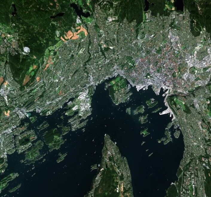 Oslo sett fra satellitten Sentinel-2A. (Bilde: Copernicus Sentinel data 2015) Oslo sett fra satellitten Sentinel-2A. (Bilde: Copernicus Sentinel data 2015)
