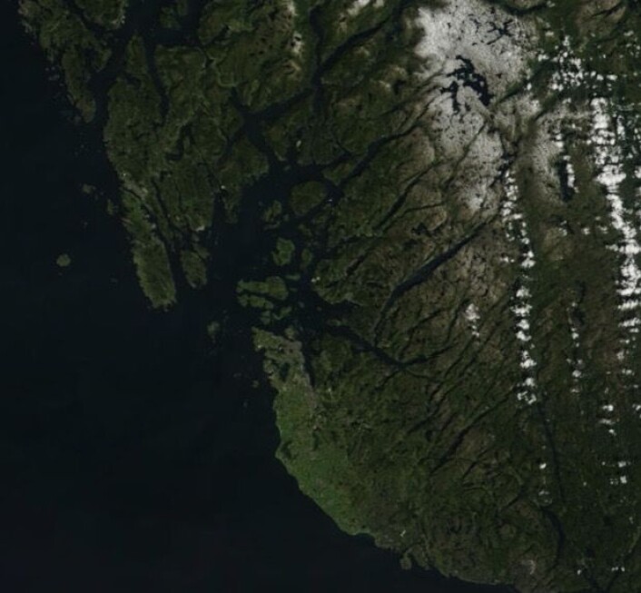 Rogaland sett fra NASAs satellitt Terra. (Bilde: NASA Terra MODIS) Rogaland sett fra NASAs satellitt Terra. (Bilde: NASA Terra MODIS)