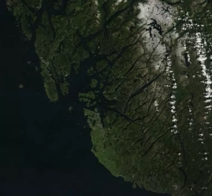 Rogaland sett fra NASAs satellitt Terra. (Bilde: NASA Terra MODIS)