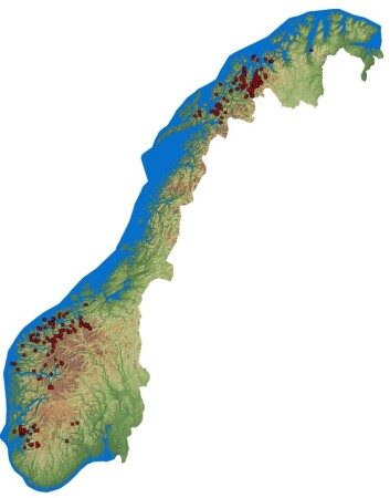 Kartet viser de kartlagte ustabile fjellpartiene i Norge. (Foto: (Illustrasjon: NGU)) Kartet viser de kartlagte ustabile fjellpartiene i Norge. (Foto: (Illustrasjon: NGU))