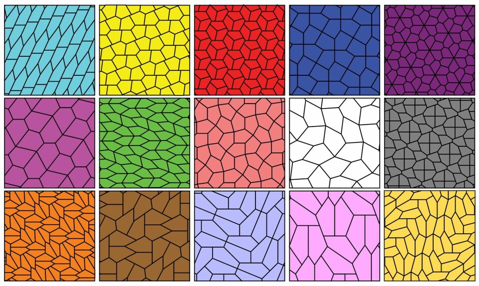 Her er alle de 15 kjente typene av konvekse femkanter som kan dekke et uendelig plan. (Foto: (Illustrasjon: EdPeggJr, Creative Commons 4.0))