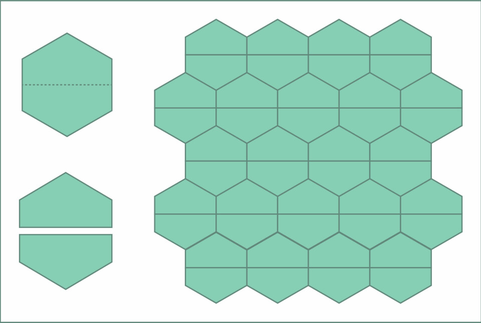 Til venstre: Slik lager du to identiske femkanter av en regulær sekskant. Til høyre: Du kjenner igjen hønsenettingen, ikke sant? (Foto: (Illustrasjon: Solveig Borkenhagen))