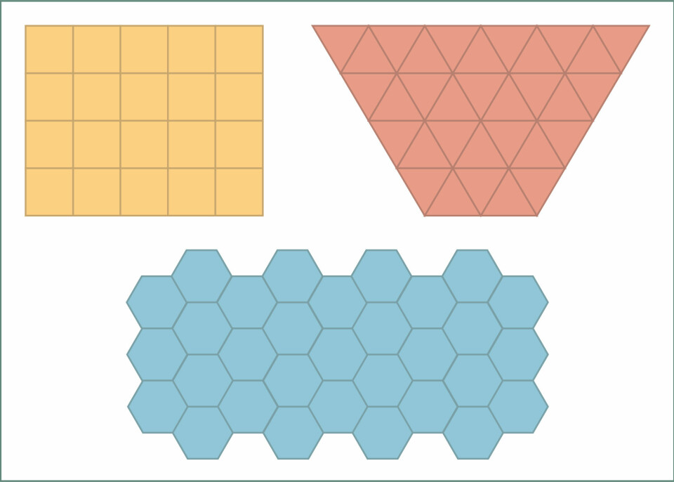 Man trenger ikke være matematiker for å se at både trekanter, firkanter og sekskanter kan dekke en uendelig flate. (Foto: (Illustrasjon: Solveig Borkenhagen))
