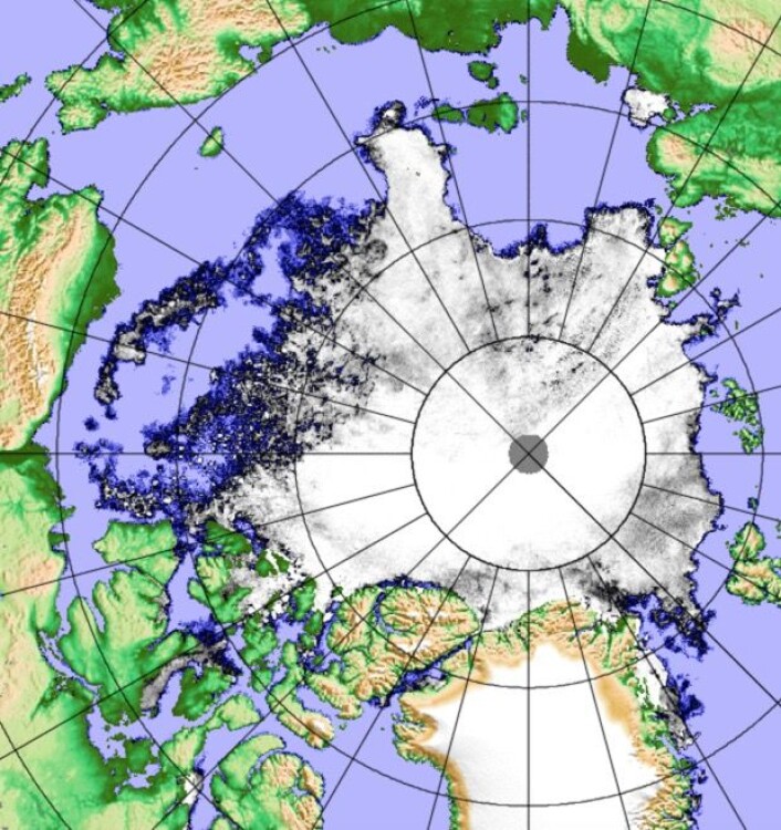 Sjøisen i Arktis 20. august, sett fra den japanske satellitten. (Bilde: PolarView/Univ i Bremen). Sjøisen i Arktis 20. august, sett fra den japanske satellitten. (Bilde: PolarView/Univ i Bremen).