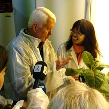 Seniorforsker Jihong Liu Clarke (t.v.) sammen med professor Charles Arntzen, da sistnevnte besøkte Ås høsten 2014. Liu Clarke jobber blant annet med å utvikle en vaksine mot denguefeber. Hun ble inspirert av Charles Arntzen, mannen bak Ebolamedisinen ZMapp. Vaksinen vil være basert på den samme teknologien som brukes i ZMapp. (Foto: NIBIO) Seniorforsker Jihong Liu Clarke (t.v.) sammen med professor Charles Arntzen, da sistnevnte besøkte Ås høsten 2014. Liu Clarke jobber blant annet med å utvikle en vaksine mot denguefeber. Hun ble inspirert av Charles Arntzen, mannen bak Ebolamedisinen ZMapp. Vaksinen vil være basert på den samme teknologien som brukes i ZMapp. (Foto: NIBIO)