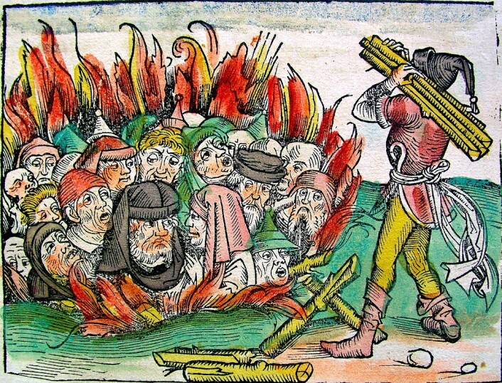 Massakrering av jøder i Europa. Tresnitt fra Die Schedelsche Weltchronik (1493). (Foto: (Illustrasjonsbilde: Fra Samlagets lærebok fra 1992)) Massakrering av jøder i Europa. Tresnitt fra Die Schedelsche Weltchronik (1493). (Foto: (Illustrasjonsbilde: Fra Samlagets lærebok fra 1992))