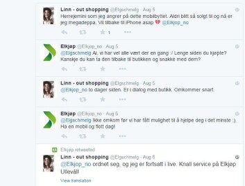 Kunder kan klage på dårlige forbrukeropplevelser mye lettere enn før på sosiale medier. Respons fra bedriften er gull verdt, men samtidig kan det trigge andre til å klage, viser ny studie. Her fra en Twitter-samtale mellom en misfornøyd kunde og Elkjøp. (Foto: (skjermdump fra Twitter) ) Kunder kan klage på dårlige forbrukeropplevelser mye lettere enn før på sosiale medier. Respons fra bedriften er gull verdt, men samtidig kan det trigge andre til å klage, viser ny studie. Her fra en Twitter-samtale mellom en misfornøyd kunde og Elkjøp. (Foto: (skjermdump fra Twitter) )