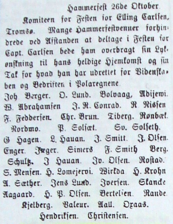 Telegram fra Hammerfest lest opp på festen til ære for Elling Carlsen i Tromsø 26. oktober 1874, signert bl.a. "Adijewi" og "Rønbæk". Tromsø Stiftstidende 29.10.1874, s. 2. Telegram fra Hammerfest lest opp på festen til ære for Elling Carlsen i Tromsø 26. oktober 1874, signert bl.a. "Adijewi" og "Rønbæk". Tromsø Stiftstidende 29.10.1874, s. 2.
