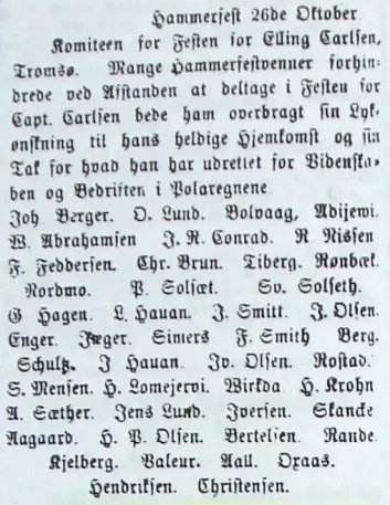 Telegram fra Hammerfest lest opp på festen til ære for Elling Carlsen i Tromsø 26. oktober 1874, signert bl.a. "Adijewi" og "Rønbæk". Tromsø Stiftstidende 29.10.1874, s. 2.