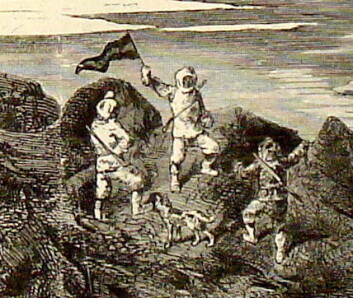 Sledeekspedisjon ledet av Julius Payer reiser flagget på det nordligste punkt på Frans Josefs Land. Detalj av litografi etter fotografi ved F. Bruckmann av maleri av Adolf Obermüllner og Julius Payer, i Neue Illustrirte Zeitung 18 (1875), s. 8. Sledeekspedisjon ledet av Julius Payer reiser flagget på det nordligste punkt på Frans Josefs Land. Detalj av litografi etter fotografi ved F. Bruckmann av maleri av Adolf Obermüllner og Julius Payer, i Neue Illustrirte Zeitung 18 (1875), s. 8.