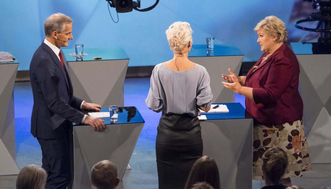 Denne uken ble valgkampen sparket i gang på TV med partilederdebatt og duell mellom Jonas Gahr Støre og Erna Solberg på NRK. Et lite nyskapende konsept, mener medieforsker, som etterlyser flere velgere i TV-studioene. Kanskje blir det bedre i ukene som kommer? (Foto: Tor Erik Schrøder, NTB scanpix) Denne uken ble valgkampen sparket i gang på TV med partilederdebatt og duell mellom Jonas Gahr Støre og Erna Solberg på NRK. Et lite nyskapende konsept, mener medieforsker, som etterlyser flere velgere i TV-studioene. Kanskje blir det bedre i ukene som kommer? (Foto: Tor Erik Schrøder, NTB scanpix)