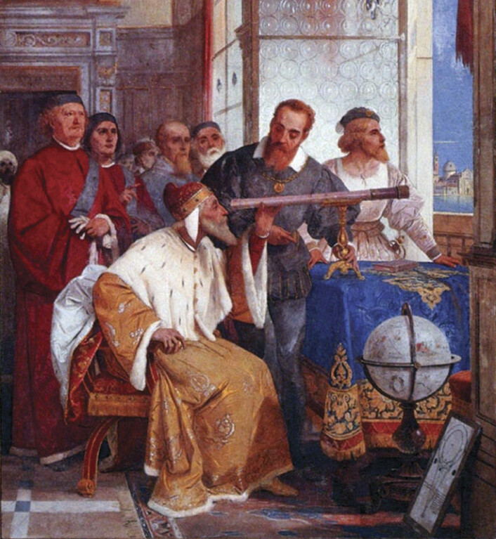 Galileo Galilei viser Venezias doger hvordan de kan bruke kikkerten til å spionere på naboen ... eh, se på vakre landskaper. (Foto: (Maleri: Guiseppe Bertini, 1858.)) Galileo Galilei viser Venezias doger hvordan de kan bruke kikkerten til å spionere på naboen ... eh, se på vakre landskaper. (Foto: (Maleri: Guiseppe Bertini, 1858.))