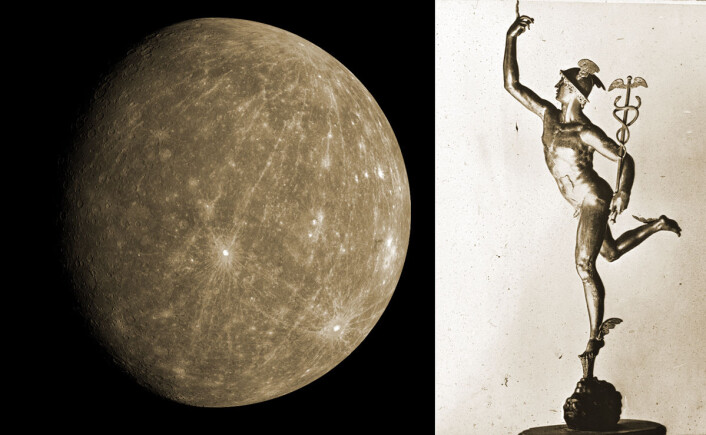 Lille solsvidde Merkur haster rundt sola, og er kalt opp etter romernes gud for blant annet handel og fortjeneste. Bildet til venstre er tatt fra romsonden Messenger da den passerte planeten i oktober 2008. Figuren til høyre er laget av G. Bologne fra Firenze. (Foto: NASA (t.h), William Henry Goodyear, Brooklyn Museum (t.v) Lille solsvidde Merkur haster rundt sola, og er kalt opp etter romernes gud for blant annet handel og fortjeneste. Bildet til venstre er tatt fra romsonden Messenger da den passerte planeten i oktober 2008. Figuren til høyre er laget av G. Bologne fra Firenze. (Foto: NASA (t.h), William Henry Goodyear, Brooklyn Museum (t.v)