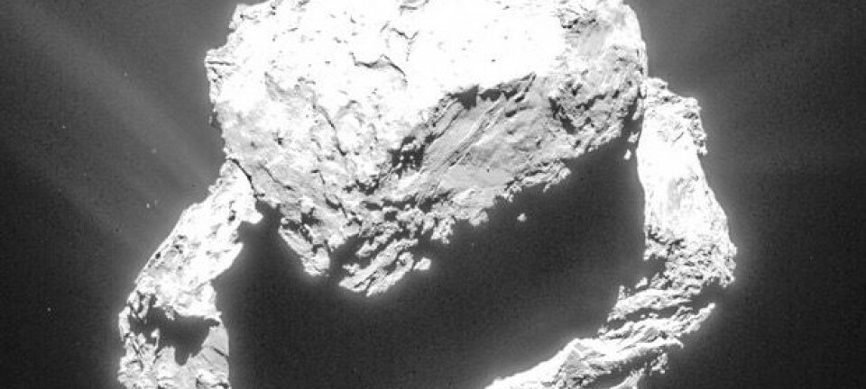 Slik ser kometkjernen til 67P/Churyumov-Gerasimenko når Rosetta går i bane rundt kometen. (Bilde: ESA/Rosetta/NAVCAM, tatt 9. mars på 72 km avstand)