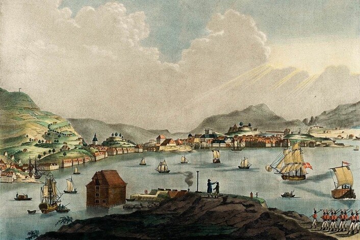 Bergen cirka 1800. Malt av Christian August Lorentzen (1749–1828). Bergen cirka 1800. Malt av Christian August Lorentzen (1749–1828).