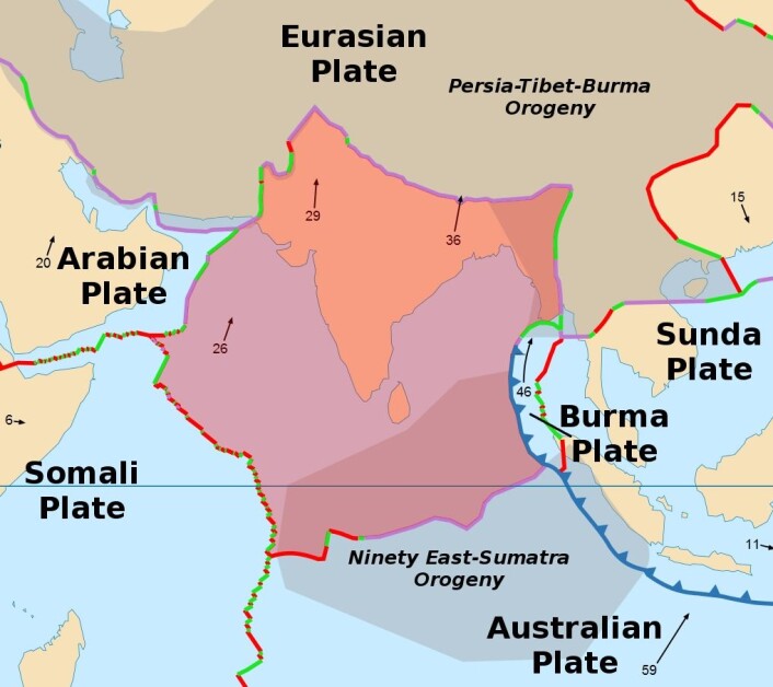 Det røde området viser den indiske kontinentalplaten. Den presser mot den Eurasiske platen i nord. (Foto: (Illustrasjon: Alataristarion/CC BY-SA 4.0)) Det røde området viser den indiske kontinentalplaten. Den presser mot den Eurasiske platen i nord. (Foto: (Illustrasjon: Alataristarion/CC BY-SA 4.0))
