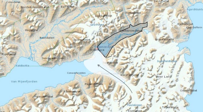 Kart som viser bresjøen som ble dannet da Paulabreen stengte av Kjellstrømdalen. (Foto: (Kart: NGU)) Kart som viser bresjøen som ble dannet da Paulabreen stengte av Kjellstrømdalen. (Foto: (Kart: NGU))