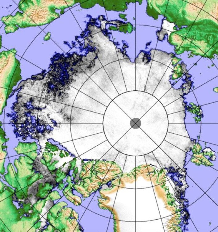 Sjøisens utbredelse i Arktis 28. juli, målt fra japansk satellitt. (Polarview/Univ. i Bremen) Sjøisens utbredelse i Arktis 28. juli, målt fra japansk satellitt. (Polarview/Univ. i Bremen)