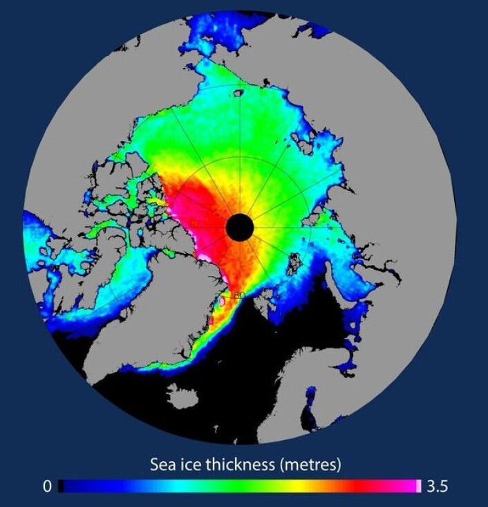 Gjennomsnittlig sjøistykkelse for vårsesongen i årene 2010-2015, observert med radar-høydemåler fra Cryosat. (Bilde: ESA) Gjennomsnittlig sjøistykkelse for vårsesongen i årene 2010-2015, observert med radar-høydemåler fra Cryosat. (Bilde: ESA)