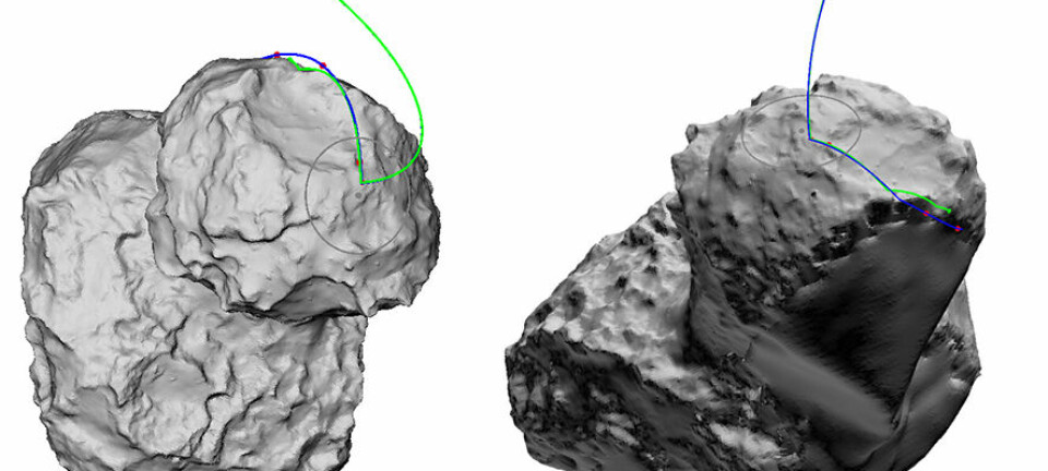 Banen til Philae vises som en grønn og blå strek i en simulering. Slik var ferden dens ned på kometen. (Bilde: ESA/ESOC/SONC)