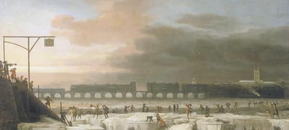 The frozen Thames av Abraham Hondius. Bildet er fra 1677, under den lille istiden. (Bilde: Abraham Hondius)