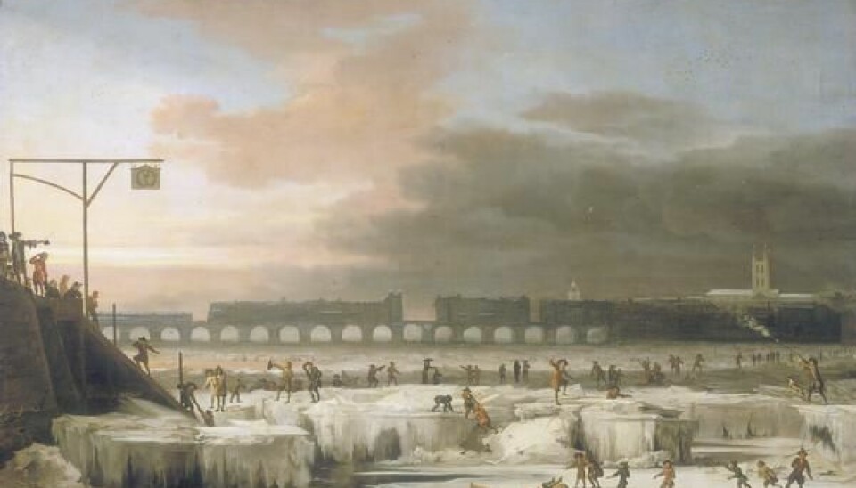 The frozen Thames av Abraham Hondius. Bildet er fra 1677, under den lille istiden. (Bilde: Abraham Hondius)
