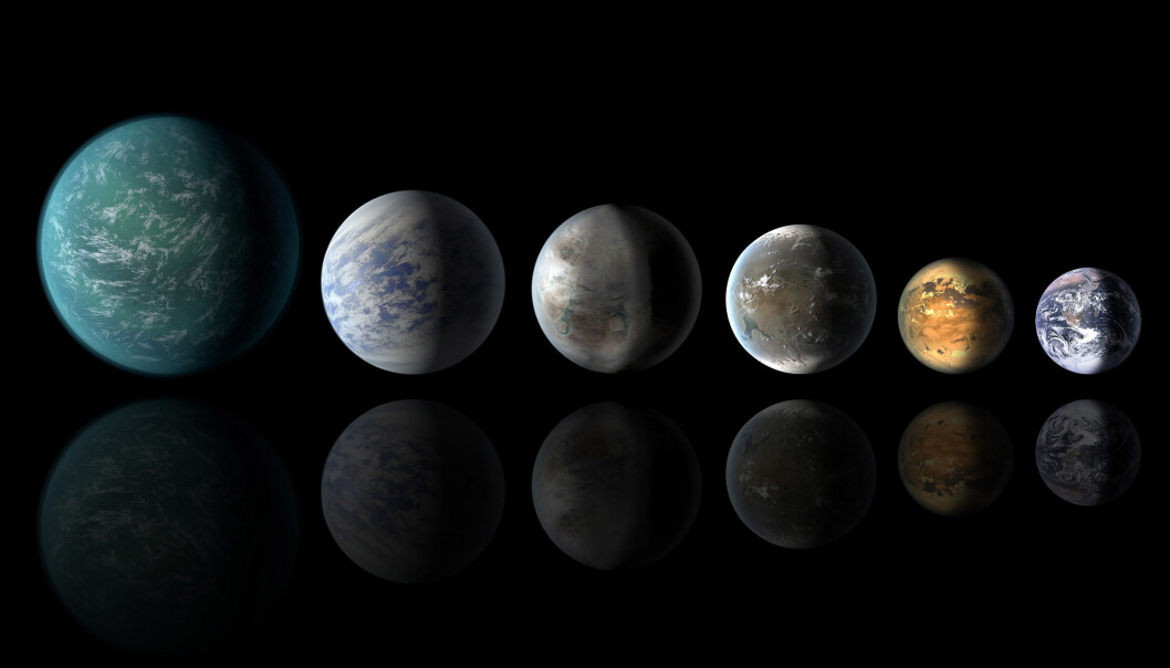 Fremstillingen viser flere av de nyoppdagede Kepler-planetene. Den aktuelle planeten, 452b, ligger som nummer tre fra venstre. Lengst til høyre ligger Jorden. (Illustrasjon: Wendy Stenzel, NASA/AMES/JPL-CALTECH) Fremstillingen viser flere av de nyoppdagede Kepler-planetene. Den aktuelle planeten, 452b, ligger som nummer tre fra venstre. Lengst til høyre ligger Jorden. (Illustrasjon: Wendy Stenzel, NASA/AMES/JPL-CALTECH)