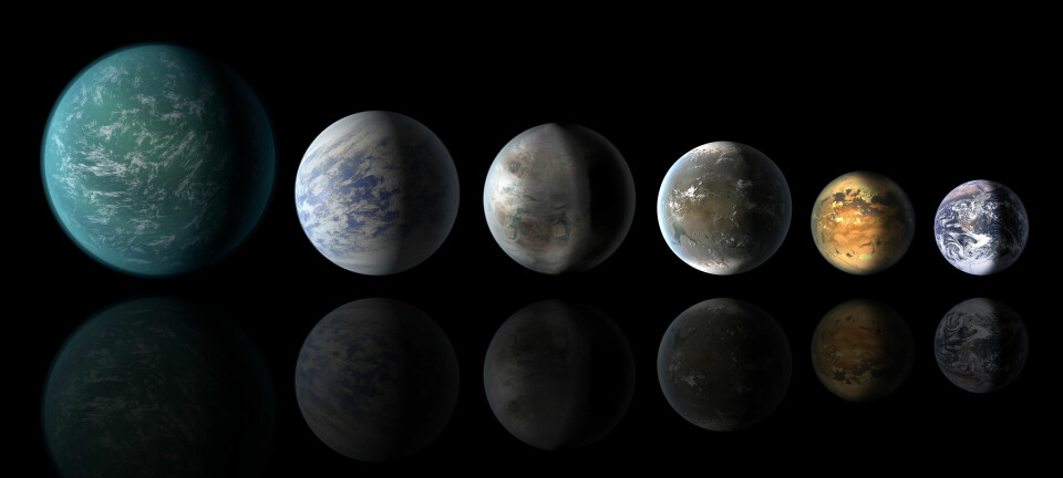 Fremstillingen viser flere av de nyoppdagede Kepler-planetene. Den aktuelle planeten, 452b, ligger som nummer tre fra venstre. Lengst til høyre ligger Jorden. (Illustrasjon: Wendy Stenzel, NASA/AMES/JPL-CALTECH)