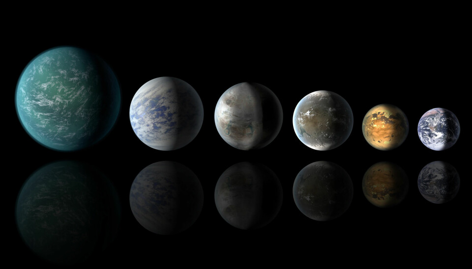 Fremstillingen viser flere av de nyoppdagede Kepler-planetene. Den aktuelle planeten, 452b, ligger som nummer tre fra venstre. Lengst til høyre ligger Jorden. (Illustrasjon: Wendy Stenzel, NASA/AMES/JPL-CALTECH)