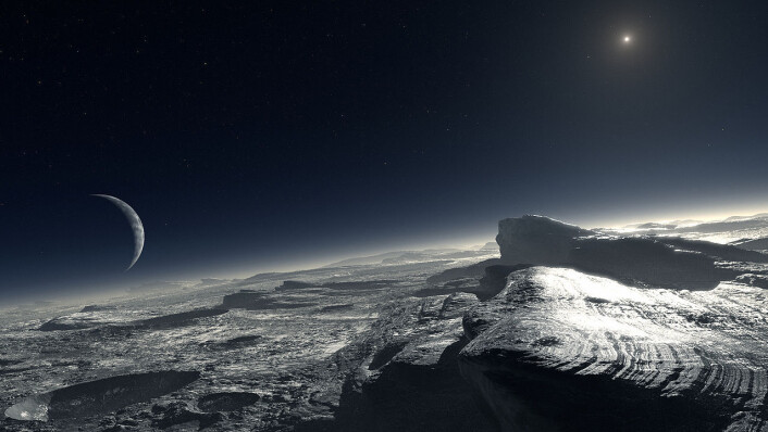 Pluto er en frossen dvergplanet. Denne illustrasjonen fra European Southern Observatory viser hvordan astronomene tenker seg overflaten av planeten, med flekker av ren frosset metan. På himmelen bak troner den forholdsvis store månen Charon, og bak lyser sola blekt og fjernt over dvergplaneten. (Foto: (Illustrasjon: ESO, L. Calçada. Creative Commons Attribution 4.0 International License.)) Pluto er en frossen dvergplanet. Denne illustrasjonen fra European Southern Observatory viser hvordan astronomene tenker seg overflaten av planeten, med flekker av ren frosset metan. På himmelen bak troner den forholdsvis store månen Charon, og bak lyser sola blekt og fjernt over dvergplaneten. (Foto: (Illustrasjon: ESO, L. Calçada. Creative Commons Attribution 4.0 International License.))