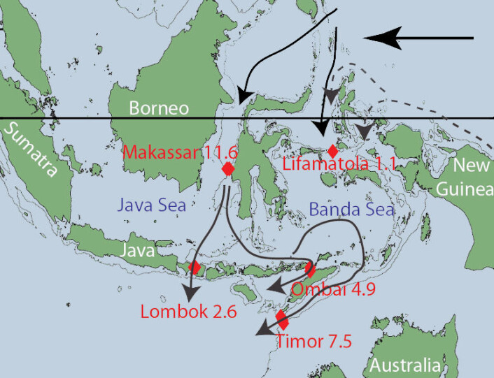 Passaten driver det varme overflatevannet videre vestover sør for Australia og nedover forbi Indonesia. Denne siste strømmen kalles på engelsk for Indonesian Throughflow. Den vises på dette kartet. De store vannpassasjene er indikert i rødt på kartet. (Foto: (Figur: ehackert, Creative Commons Attribution-Share Alike 4.0 International, fargelagt av forskning.no)) Passaten driver det varme overflatevannet videre vestover sør for Australia og nedover forbi Indonesia. Denne siste strømmen kalles på engelsk for Indonesian Throughflow. Den vises på dette kartet. De store vannpassasjene er indikert i rødt på kartet. (Foto: (Figur: ehackert, Creative Commons Attribution-Share Alike 4.0 International, fargelagt av forskning.no))