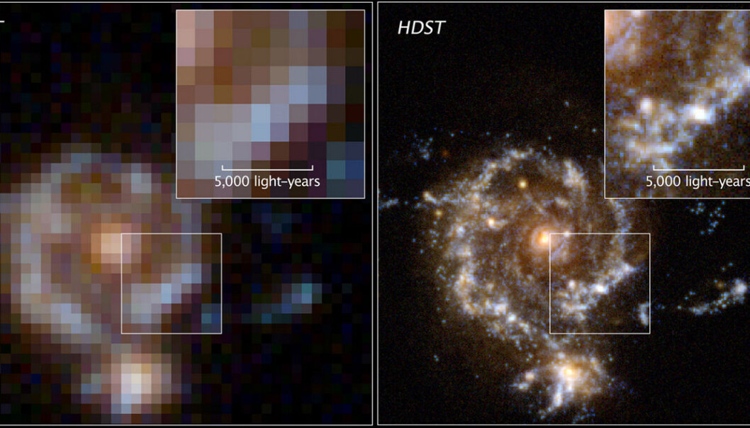 Bildet gir et inntrykk av forskjellen i skarphet på et bilde tatt av romteleskopet Hubble (til venstre) og det nye store romteleskopet High Definition Space Telescope (HDST), som er foreslått for oppskytning en gang etter 2030. Blant forslagsstillerne er NASA, Jet Propulsion Laboratory og AURA, organisasjonen som både drifter Hubble-teleskopet og har planlagt James Webb-teleskopet som etter planen skal skytes opp i 2017. (Bilde: Association of Universities for Research in Astronomy) Bildet gir et inntrykk av forskjellen i skarphet på et bilde tatt av romteleskopet Hubble (til venstre) og det nye store romteleskopet High Definition Space Telescope (HDST), som er foreslått for oppskytning en gang etter 2030. Blant forslagsstillerne er NASA, Jet Propulsion Laboratory og AURA, organisasjonen som både drifter Hubble-teleskopet og har planlagt James Webb-teleskopet som etter planen skal skytes opp i 2017. (Bilde: Association of Universities for Research in Astronomy)