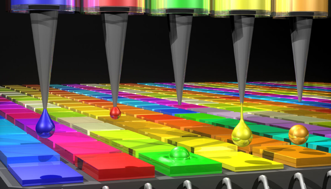 Dråper som inneholder kvanteprikker legges på en bildebrikke. Slik har forskere fra Kina og USA laget et lite, enkelt og lett spektroskop som kan gjøre analyser i verdensrommet og i medisinske laboratorier. (Illustrasjon: Mary O'Reilly.) Dråper som inneholder kvanteprikker legges på en bildebrikke. Slik har forskere fra Kina og USA laget et lite, enkelt og lett spektroskop som kan gjøre analyser i verdensrommet og i medisinske laboratorier. (Illustrasjon: Mary O'Reilly.)
