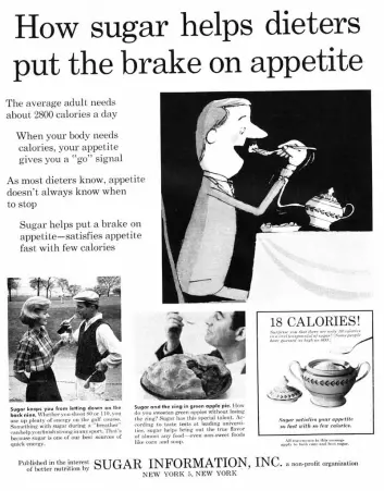 Sukker stopper matlysten, ifølge en annonse fra Sugar Information i Life magazine fra 1961.  (Foto: Sugar Information, Inc, tilgjengeliggjort på flickr av Classic Film)