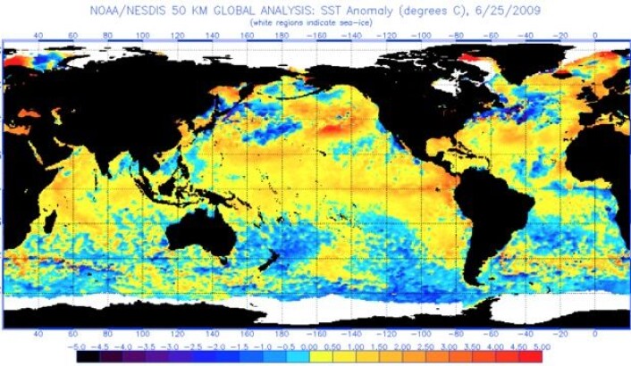 Havoverflatetemperatur (avvik fra normalen) 25. juni 2009. (Bilde: NOAA) Havoverflatetemperatur (avvik fra normalen) 25. juni 2009. (Bilde: NOAA)
