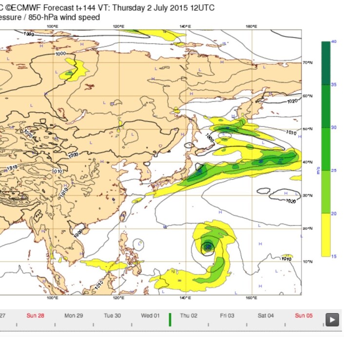 Værprognosen for helgen og neste uke tyder på mye vestavind langs ekvator vest i Stillehavet. (Bilde: ECMWF) Værprognosen for helgen og neste uke tyder på mye vestavind langs ekvator vest i Stillehavet. (Bilde: ECMWF)