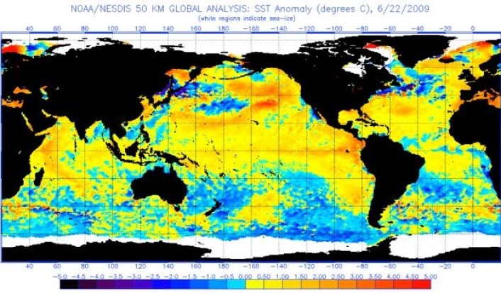 Satellittmålt havoverflatetemperatur 22. juni 2009. (Bilde: NOAA) Satellittmålt havoverflatetemperatur 22. juni 2009. (Bilde: NOAA)