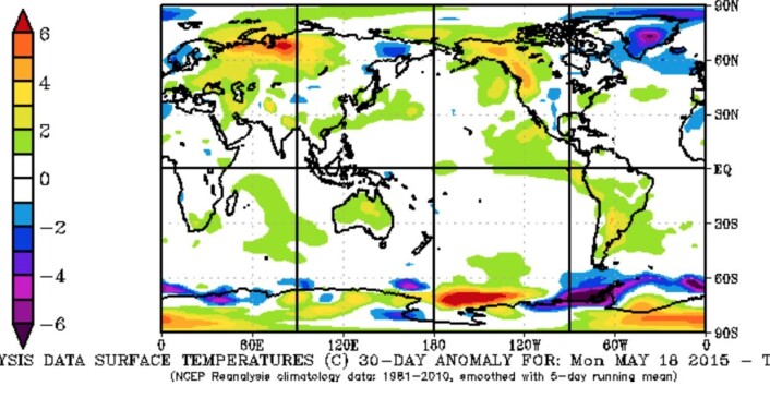 Joda, det har vært kjølig i Norge siste 30 døgn. Men enda mye kaldere enn normalt på Grønland og den Antarktiske Halvøya. (Bilde: Reanalyse fra NOAA) Joda, det har vært kjølig i Norge siste 30 døgn. Men enda mye kaldere enn normalt på Grønland og den Antarktiske Halvøya. (Bilde: Reanalyse fra NOAA)