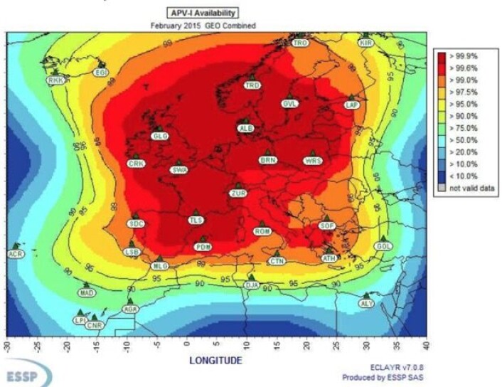 EGNOS-ytelsen er ikke helt på topp i de oransje og gule områdene. Det bør nok komme en referansestasjon øst i Finland. (Bilde: ESSP SAS). EGNOS-ytelsen er ikke helt på topp i de oransje og gule områdene. Det bør nok komme en referansestasjon øst i Finland. (Bilde: ESSP SAS).