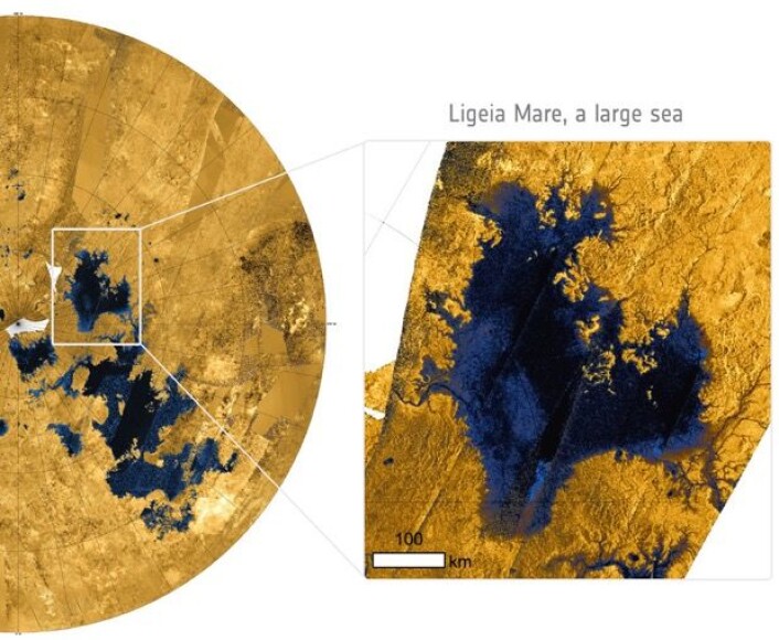 Cassini/Huygens har avslørt store sjøer med flytende hydrokarboner på den beinkalde månen Titan. (Bilde: NASA) Cassini/Huygens har avslørt store sjøer med flytende hydrokarboner på den beinkalde månen Titan. (Bilde: NASA)