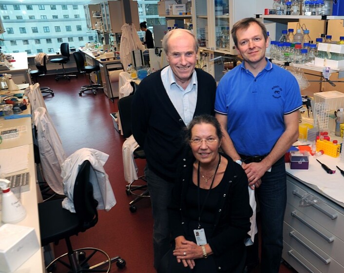 Prosjektledergruppen ved Radiumhospitalet består av seniorforsker Tore Skotland (bak t.v.), seniorforsker Tore Geir Iversen i tillegg til professor Kirsten Sandvig. (Foto: Atle Abelsen) Prosjektledergruppen ved Radiumhospitalet består av seniorforsker Tore Skotland (bak t.v.), seniorforsker Tore Geir Iversen i tillegg til professor Kirsten Sandvig. (Foto: Atle Abelsen)