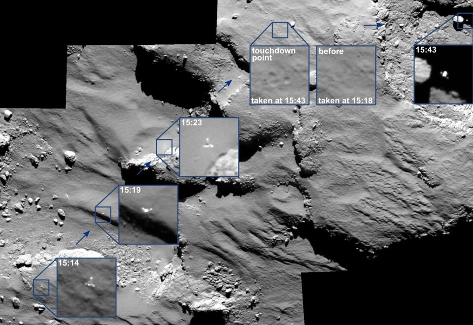Rosettas bilder av Philae og spor etter landingen på overflaten av kometen 67P (Foto: ESA)