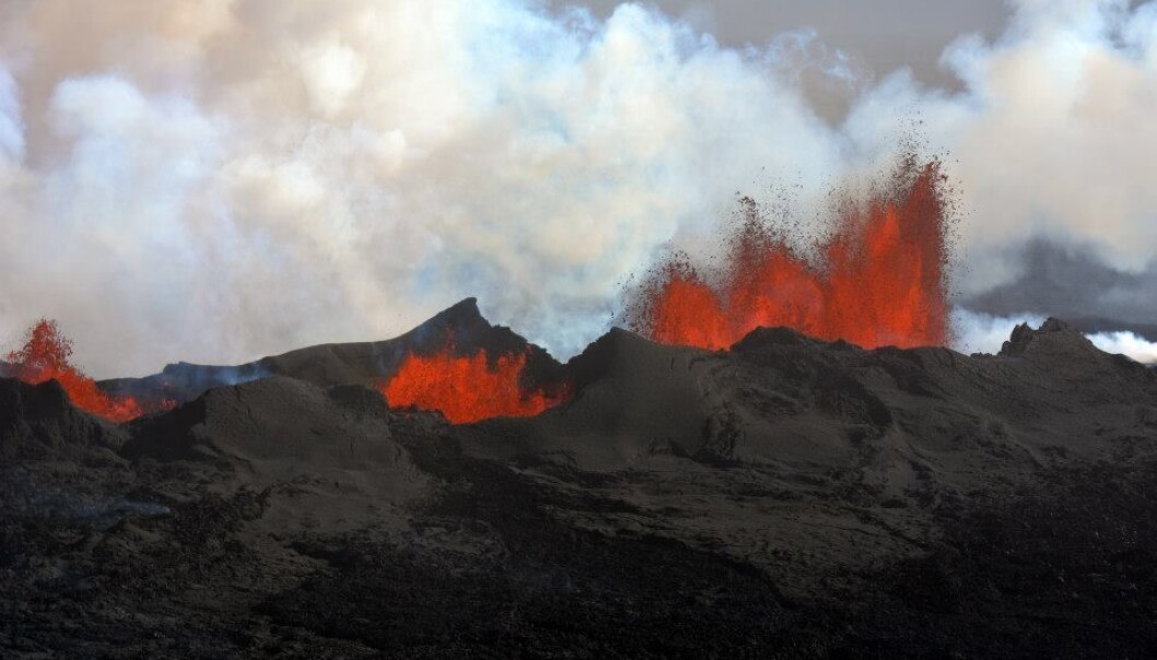 Utslipp av fra basaltiske vulkanutbrudd på Island har potensial til å «forstyrre» klimaet, ifølge nye beregninger. Bildet viser Nornahraun-utbruddet i september 2014. (Foto: Morgan Jones og Sverre Planke, CEED og VBPR) Utslipp av fra basaltiske vulkanutbrudd på Island har potensial til å «forstyrre» klimaet, ifølge nye beregninger. Bildet viser Nornahraun-utbruddet i september 2014. (Foto: Morgan Jones og Sverre Planke, CEED og VBPR)