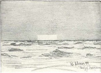 Speilbillede av solen den 16. februar 1894. Skisse av Fridtjof Nansen. (Foto: (Kilde: Wikisource)) Speilbillede av solen den 16. februar 1894. Skisse av Fridtjof Nansen. (Foto: (Kilde: Wikisource))