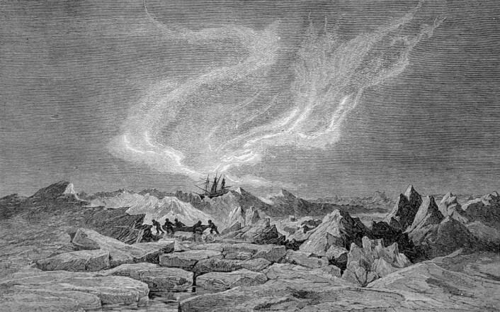 Isskruinger under nordlys i januar 1873. Litografi etter tegning av Julius Payer. (Foto: Forfatterne) Isskruinger under nordlys i januar 1873. Litografi etter tegning av Julius Payer. (Foto: Forfatterne)