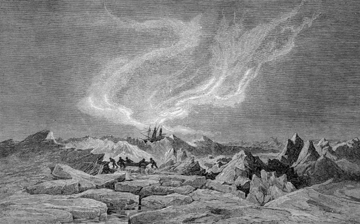 Isskruinger under nordlys i januar 1873. Litografi etter tegning av Julius Payer. (Foto: Forfatterne)