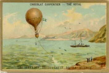Fransk postkort fra 1869 som viser hvordan S. A. Andrées luftballong tar av fra Svalbard. (Foto: (Kilde: Wikimedia commons)) Fransk postkort fra 1869 som viser hvordan S. A. Andrées luftballong tar av fra Svalbard. (Foto: (Kilde: Wikimedia commons))