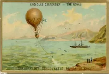 Fransk postkort fra 1869 som viser hvordan S. A. Andrées luftballong tar av fra Svalbard. (Foto: (Kilde: Wikimedia commons))
