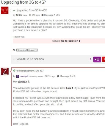 Et eksempel på dialog. En kunde lurer på hvordan oppdatere til 4G, og får veiledning fra en annen kunde. (Foto: (Skjermdump fra Vodafone)) Et eksempel på dialog. En kunde lurer på hvordan oppdatere til 4G, og får veiledning fra en annen kunde. (Foto: (Skjermdump fra Vodafone))