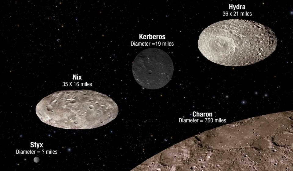 Illustrasjonen viser størrelsesforhold og refleksjonsevne til Plutos små måner, sammenlignet med den største, Charon, nederst. Overflatekraterne er bare laget for illustrasjonsøyemed, og representerer ikke virkelige fotografiske data. (Foto: (Illustrasjon: NASA/ESA/A. Feild (STScI)))